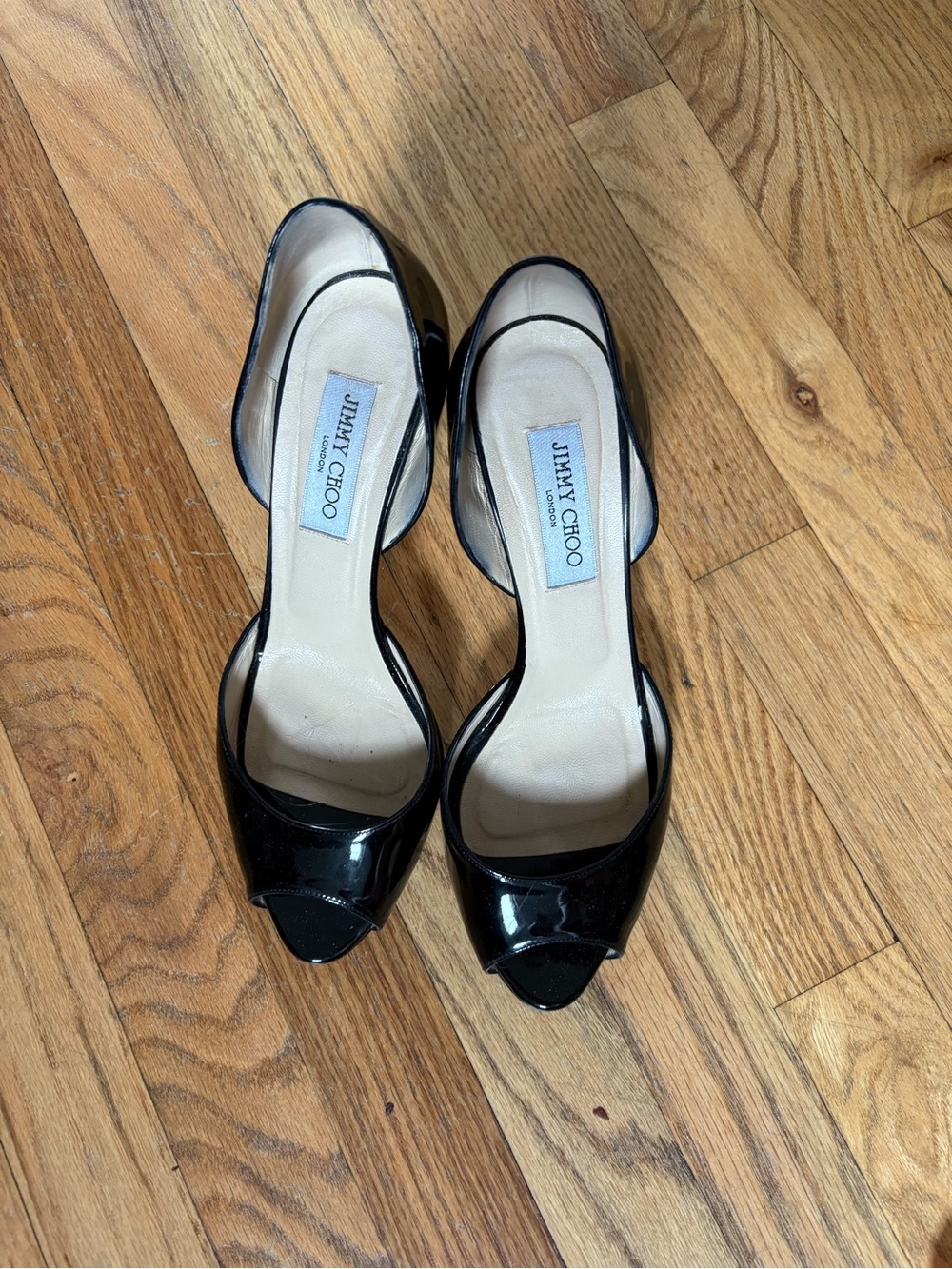 Jimmy Choo Black Patent Leather Peep-Toe Heels